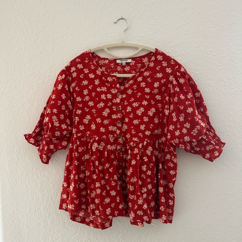 Madewell Red Floral Button Front Peplum Blouse